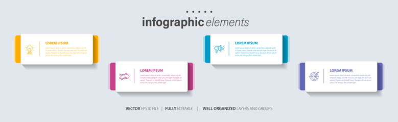 Business Infographics template.Timeline with 4 steps, circles, options and marketing icons. Vector linear infographic elements.
