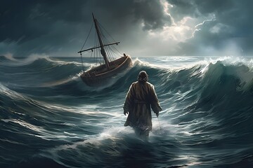 Jesus walks on water across the sea towards a boat during a storm. Biblical theme concept. Generative Ai. Painting. - obrazy, fototapety, plakaty