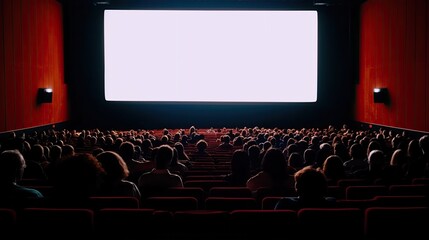 Movie theater blank screen mock up, modern cinema with people on red seats template. Generative AI - obrazy, fototapety, plakaty