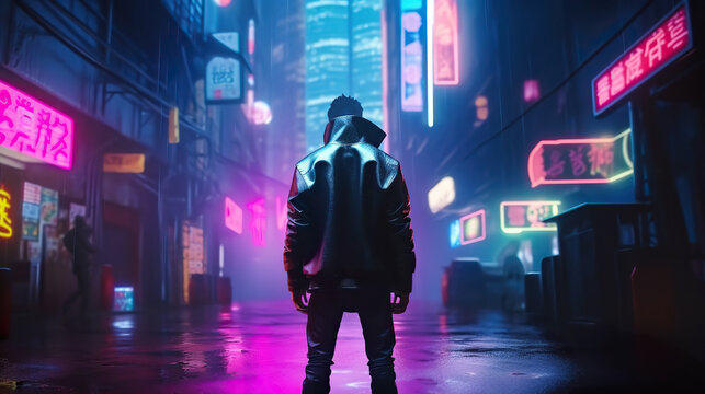 Fototapeta Back view of man standing in futuristic cyberpunk city street under neon lights. Generative AI