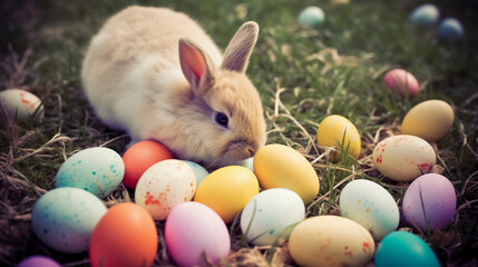 easter bunny with colored eggs, generative ai