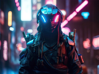 Portrait of samurai character in neon cyberpunk city. Generative AI