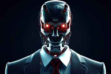 Portrait of evil robot, angry steel android wearing business suit and tie, metal skull with red glowing eyes. Generative AI