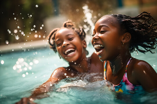 Happy black kids smiling in a pool, ai generative