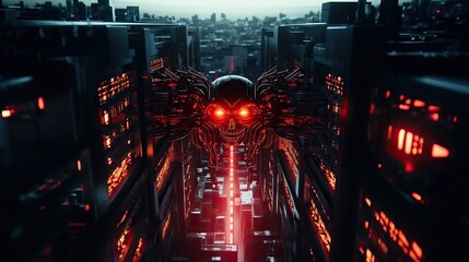 Evil AI rules the city. Danger of strong artificial intelligence, threat to planet, future risk of bad scenario, creating dangerous ASI, scary superintelligence. Generative AI
