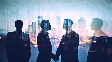 Double exposure shot of silhouettes of business team people and handshake on city background. Generative AI