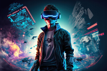 Young handsome guy in vr glasses and armament playing cyber game simulator isolated on background with digital images of game episodes. Augmented reality cyberspace, metaverse. Generative AI