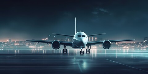 Night scene of a passenger plane on a runway with cityscape in far distance and dramatic sky. Generative AI