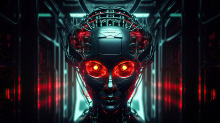Evil AI face in data center. Danger of strong artificial intelligence, threat to humanity, future risk of bad scenario, creating dangerous ASI, scary superintelligence. Generative AI