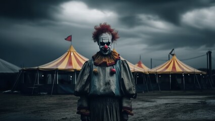 Evil clown. Portrait of scary spooky clown monster from horror movie with vintage circus on background. Generative AI - obrazy, fototapety, plakaty