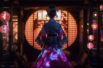 Fototapeta na wymiar Back view of geisha wearing beautiful dress, standing in traditional japanese interior with neon lights. Generative AI