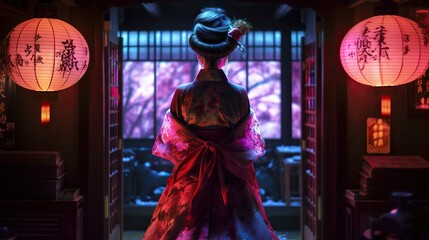 Fototapeta na wymiar Back view of geisha wearing beautiful dress, standing in traditional japanese interior with neon lights. Generative AI