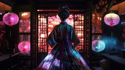 Obraz premium Back view of geisha wearing beautiful dress, standing in traditional japanese interior with neon lights. Generative AI