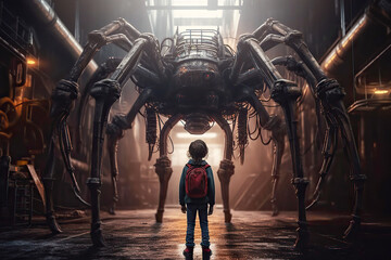 Fototapeta na wymiar Little boy standing in street in front of giant evil spider robot, concept arachnophobia. Generative AI