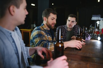 Young men in casual clothes are talking, laughing and drinking while sitting at bar counter in pub