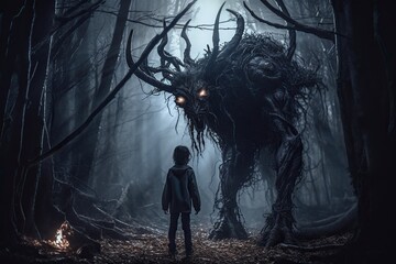 Wendigo monster in the woods, little kid standing in front of his fear of forest in night, spooky fantasy creature. Generative AI