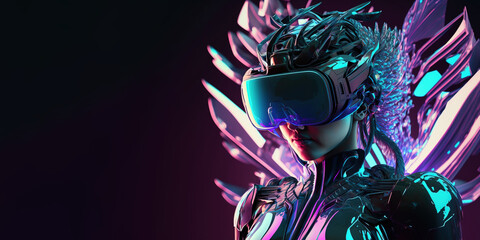 Woman wearing vr headset and futuristic costume playing online virtual augmented reality game on neon background with copy space. Generative AI