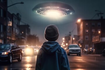 Back view of little boy looking at alien invasion, UFO flying in the sky above city, concept of evidence and sighting. Generative AI