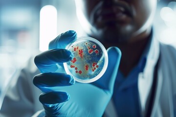 Close-up shot of lab worker holding bacteria dish, agar plate in hand. Generative AI