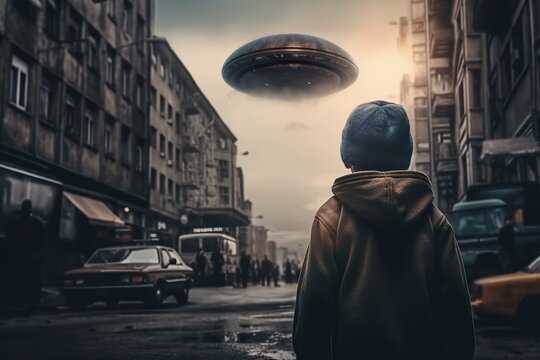 Back view of little kid looking at alien invasion, UFO flying in the sky above post apocalyptic city, concept of evidence and sighting. Generative AI