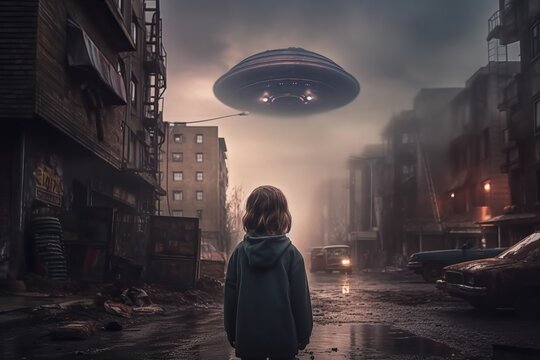 Back view of little kid looking at alien invasion, UFO flying in the sky above post apocalyptic city, concept of evidence and sighting. Generative AI
