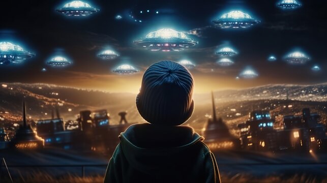 Back view of little boy looking at alien invasion, many UFO flying in the sky above city, concept of evidence and sighting. Generative AI