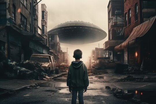 Back view of little kid looking at alien invasion, UFO flying in the sky above post apocalyptic city, concept of evidence and sighting. Generative AI