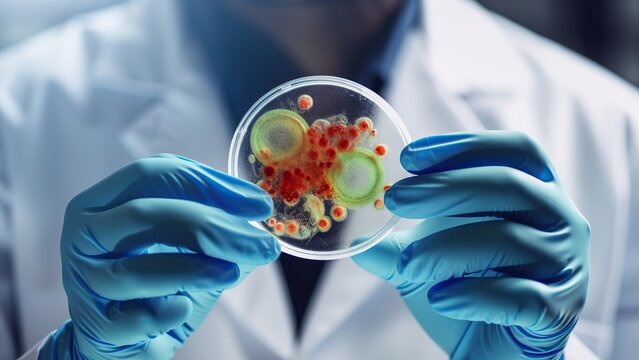 Close-up shot of lab worker holding bacteria dish, agar plate with hands. Generative AI