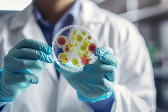 Close-up shot of lab worker holding bacteria dish, agar plate with hands. Generative AI