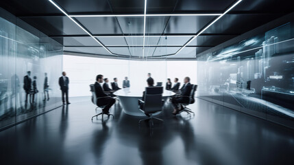 Long exposure shot of meeting room with people in futuristic office. Generative AI
