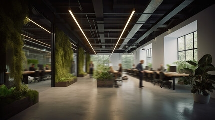 Long exposure shot of meeting room with people in modern green office. Generative AI