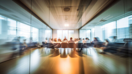 Long exposure shot of meeting room with people in modern office. Generative AI