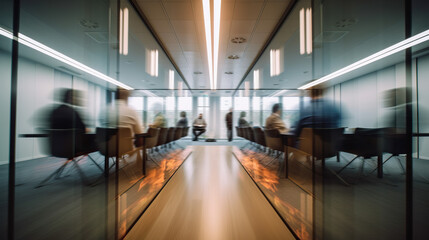 Long exposure shot of meeting room with people in modern office. Generative AI