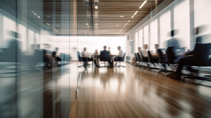 Long exposure shot of meeting room with people in modern office. Generative AI