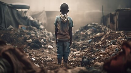Back view of little kid, dirty boy standing in center of a dump full of garbage. Generative AI - obrazy, fototapety, plakaty