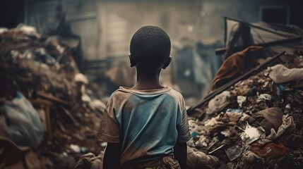 Back view of little kid, dirty boy standing in center of a dump full of garbage. Generative AI