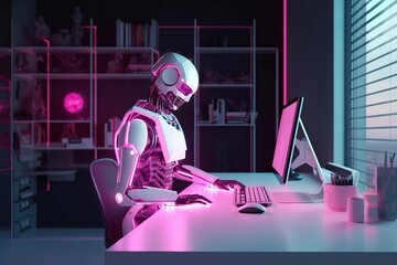 Futuristic robot working with computer or laptop in modern office. Generative AI