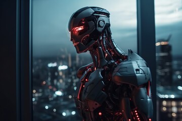 Side view of robot standing in the office, looking at city through panoramic window. Generative AI