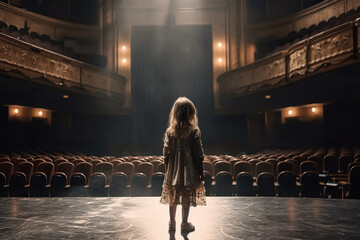 Back view of little girl standing in ray of light on the stage of empty theater, concept of overcoming stage fright. Generative AI