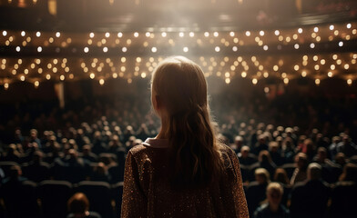 Back view of little girl standing in ray of light on the stage in front of audience, having stage fright. Generative AI