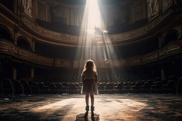 Back view of little girl standing in ray of light on the stage of empty theater, concept of overcoming stage fright. Generative AI - obrazy, fototapety, plakaty