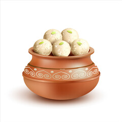 Clay pot (handi) with traditional Indian sweets rasgulla (rosogulla) isolated on white. Famous Bengali festive food. Vector illustration.