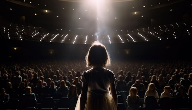 Back view of little girl standing in ray of light on the stage in front of audience, having stage fright. Generative AI