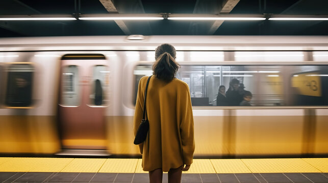 Lonely Woman Standing On Platform In Front Of Moving Train In Subway Or On Metro Station. Generative AI