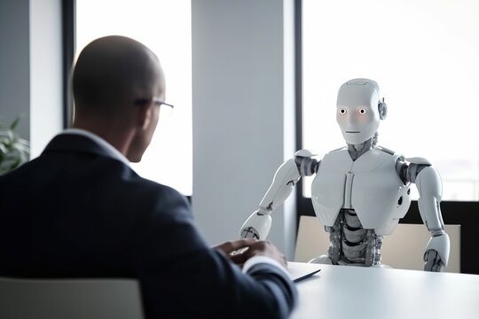 Job interview with futuristic robot in modern office, AI replacing humans, taking our jobs in the future. Generative AI