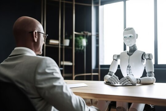 Job interview with futuristic robot in modern office, AI replacing humans, taking our jobs in the future. Generative AI
