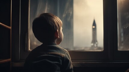Fototapeta na wymiar Little boy watches rocket launch on Cape Canaveral through the window, dreaming about space flight. Generative AI