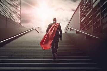 Fototapeta na wymiar Businessman wearing suit and superhero red cape, climbing stairs, concept of success an and career ladder. Generative AI
