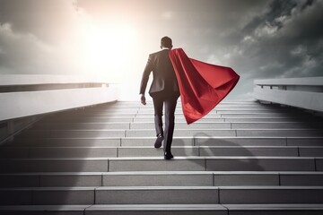 Businessman wearing suit and superhero red cape, climbing stairs, concept of success an and career ladder. Generative AI - obrazy, fototapety, plakaty