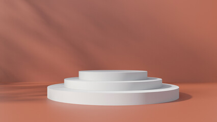 White round pedestal podium on red coral background with beautiful tree shadows and sunlight, 3d render